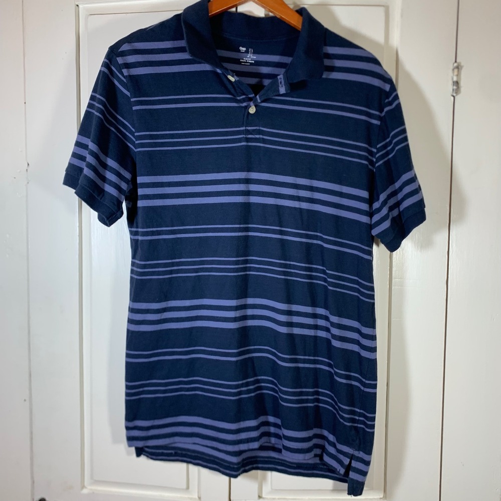 Gap Mens Slim Fit Polo Shirt Large Navy Blue Striped Short Sleeve Normcore Golf